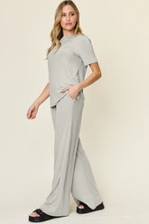 Double Take Full Size Round Neck Short Sleeve T-Shirt and Wide Leg Pants Set OutfitFlow